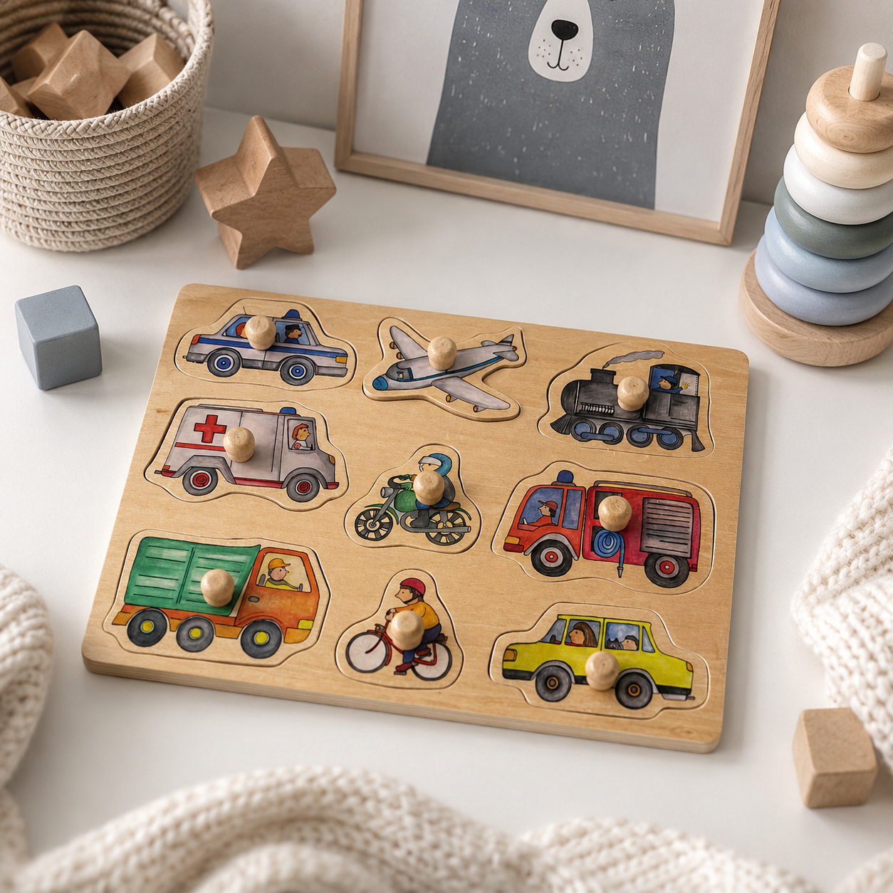 Wooden Vehicles Knob Puzzle